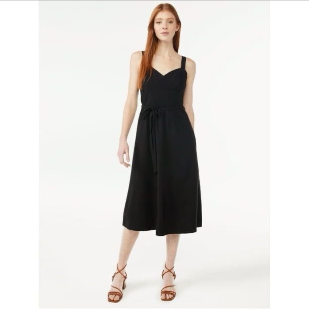 Cotton Casual Midi Black Sleeveless Tie Waist Dress